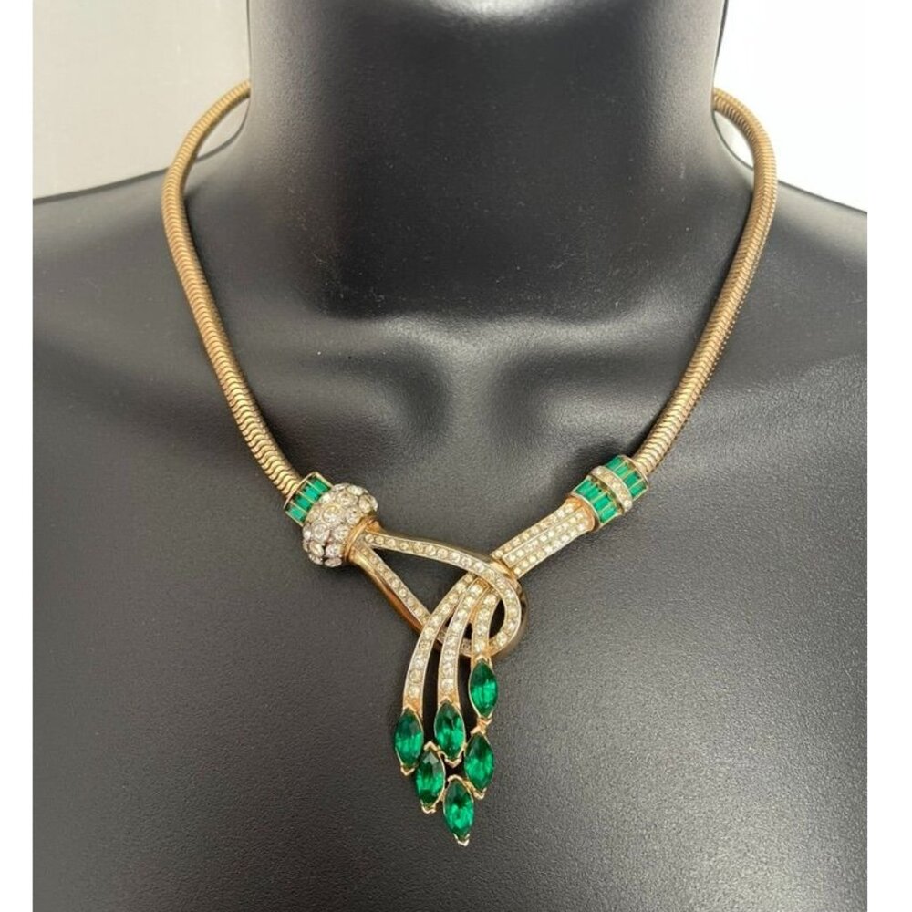 Vintage Signed Coro Emerald Rhinestone Spray Necklace Choker Mid Century Jewelry - Picture 10 of 10